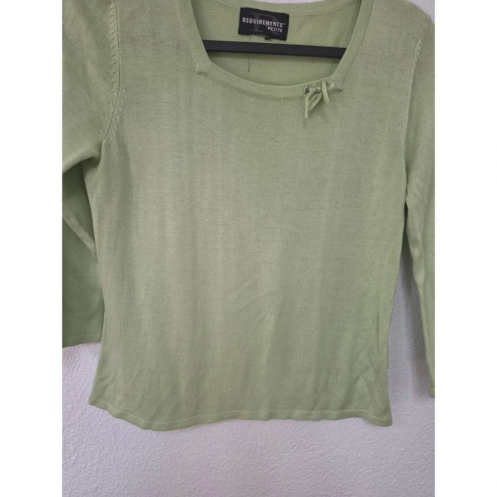 Requirements Petite Sweater 3/4 Sleeve Round Neck Light Green Solid Pullover Bow